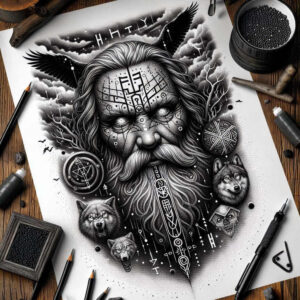 mystical-odin – tattoo design ideas free ai generated – neotraditional-layered-fill – for-wrist-side – Gallery: odin-inkby-ai