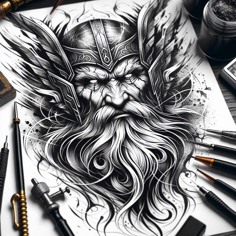 Black and grey Odin-inspired tattoo sketch showing a bearded god with a winged helmet, surrounded by sketching tools such as pencils and brushes on a workspace. This concept is future-ready and ideal for cover-up.