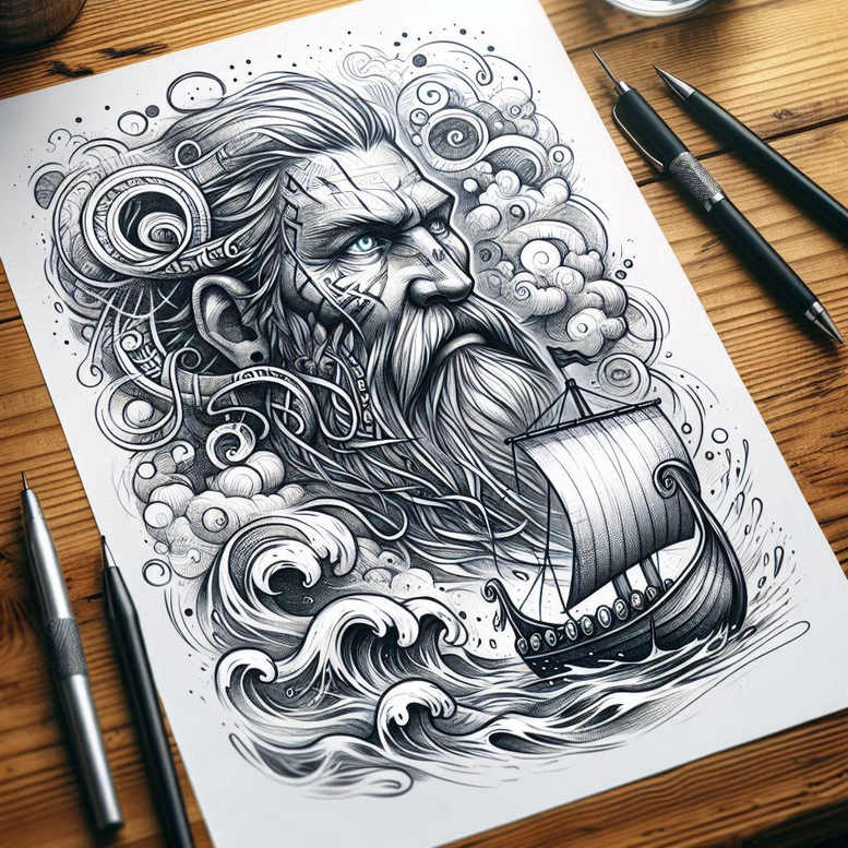 Black and grey tattoo design depicting Odin the Allfather with a sailing ship, windswept beard and swirling waves in grayscale; concept artwork, ideal for cover-up.