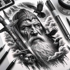 odin tattoo design ideas Surrealism fluid forms protector embodying resilience