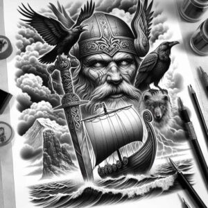 odin tattoo design ideas Neotraditional balanced tones spear shows resilience