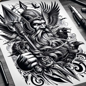 Odin-inspired warrior with long spear and two ravens in black and grey, tattoo design concept, cover-up suitable.