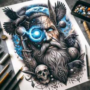 Odin portrait with helmet, long beard, glowing blue eye, ravens, skull, sword, wheel, and runic sigils in black and grey; AI-generated tattoo project; cover-up-ready.
