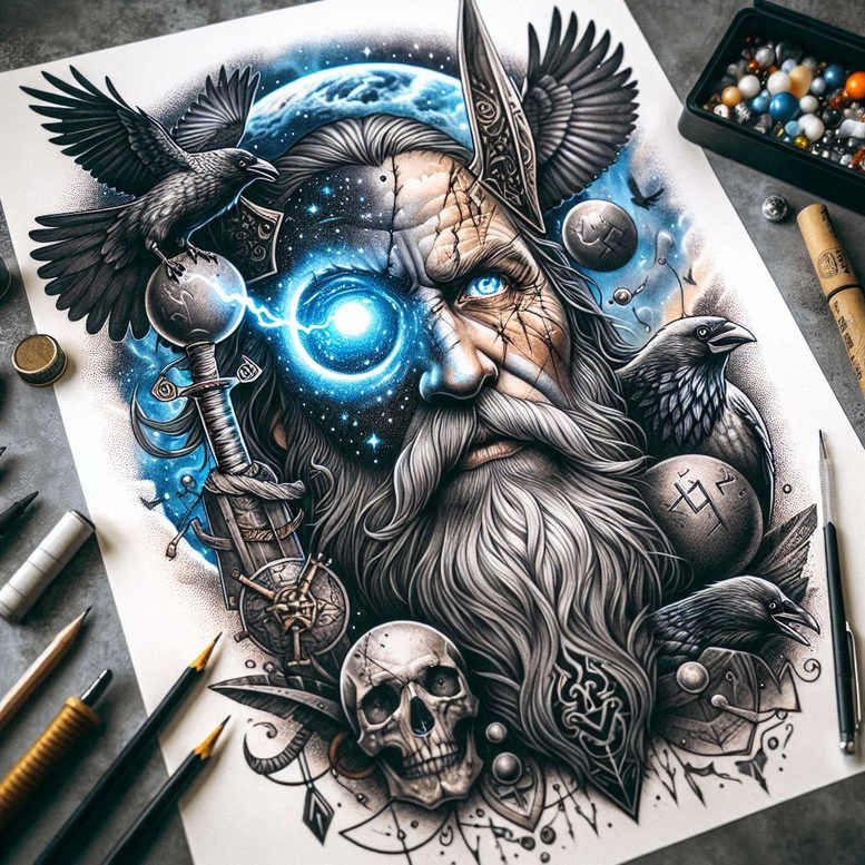 Odin-inspired black and grey tattoo featuring a bearded god with helmet, ravens, skulls and runic motifs; concept idea; perfect for cover-up.