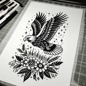 classic-tattoo-detail – tattoo design ideas free ai generated – crisp-outline – for-shoulder-blade – Gallery: old-school-neo-traditional-inkby-ai