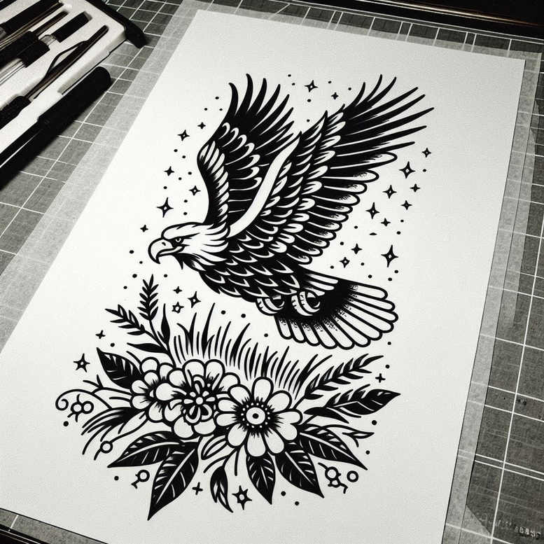 classic-tattoo-detail – tattoo design ideas free ai generated – crisp-outline – for-shoulder-blade – Gallery: old-school-neo-traditional-inkby-ai