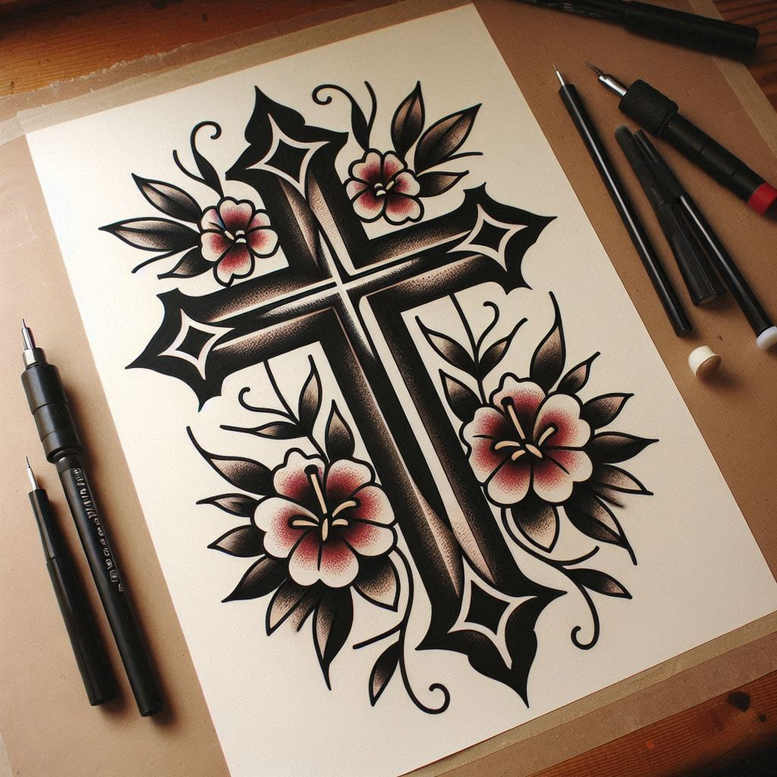 neotraditional-flowers – tattoo design ideas free ai generated – no-background – for-back-of-neck – Gallery: old-school-neo-traditional-inkby-ai