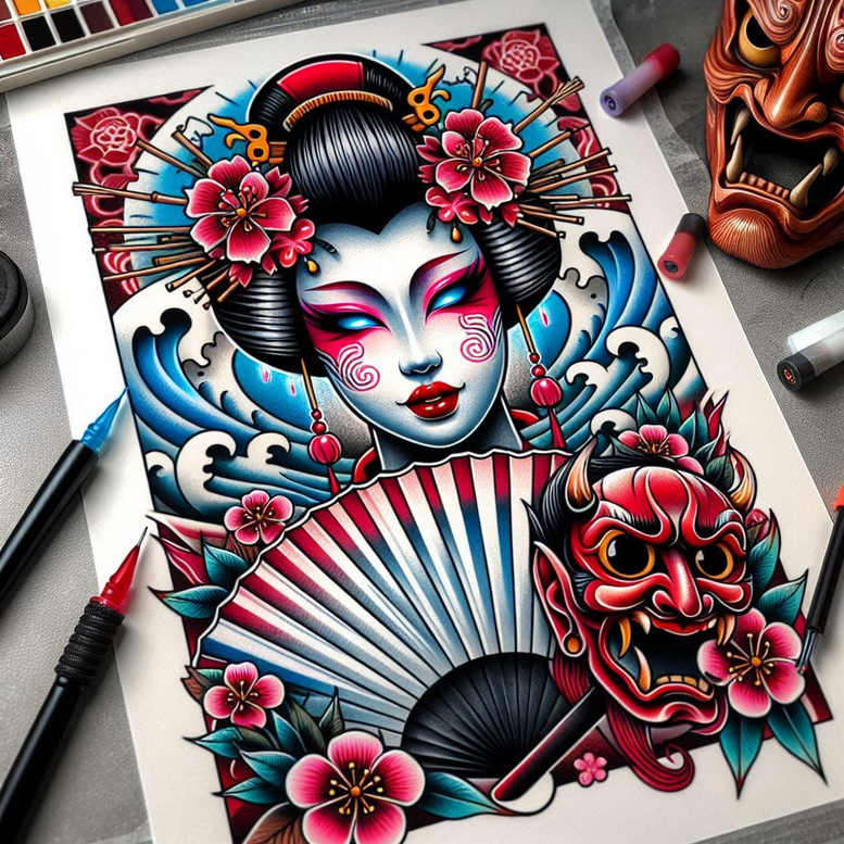 old-school-tattoo-with-motif – tattoo design ideas free ai generated – symbol-mark – for-upper-back – Gallery: old-school-neo-traditional-inkby-ai