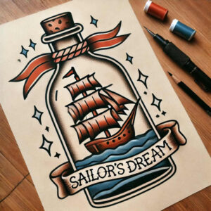 old-school-neo-traditional tattoo design ideas line-art bold lines for thigh