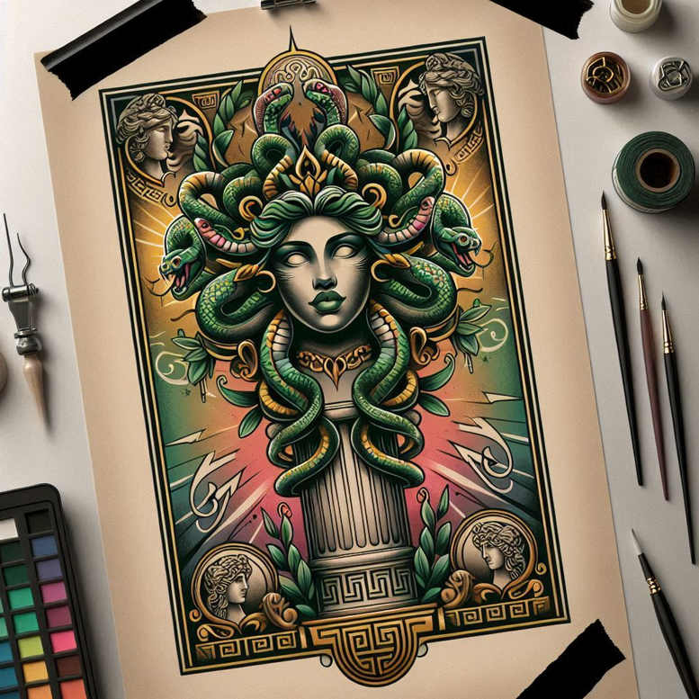 old-school-neo-traditional tattoo design ideas high-contrast bright colors endurance and power