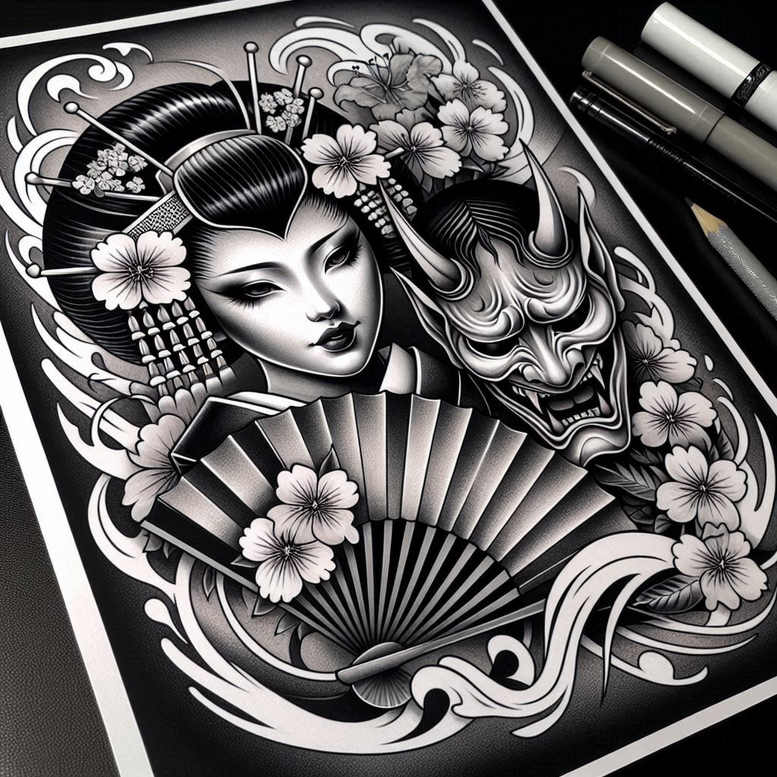 old-school-neo-traditional tattoo design ideas abstract retro style for chest