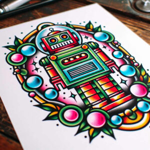 old-school-neo-traditional tattoo design ideas high-key retro style for spine