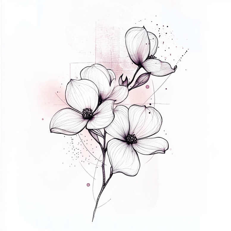 Orchid flowers with branch and buds in black fine-line ink with pink wash; black and grey; project idea; cover-up: not suitable.