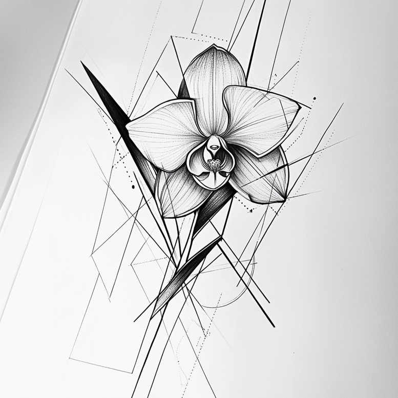 Black and grey orchid flower with geometric linework and intersecting triangles; AI-generated tattoo project idea; ideal for a cover-up.