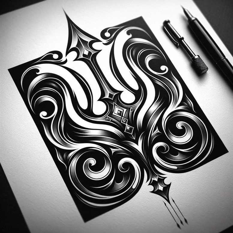 Paper with bold black and grey ornamental swirl tattoo design; visible pen beside on a sheet; project ready for cover-up.