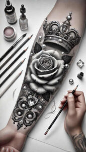 Arm tattoo in black and grey featuring a rose and crown, ornate pattern; visible studio tools include brush, ink bottle, jar, and pencil.