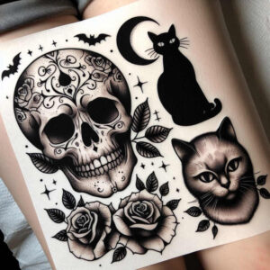 Black and grey tattoo project showing skull, cat silhouette, roses, moon, bats, leaves, and stars; cover-up suitable.
