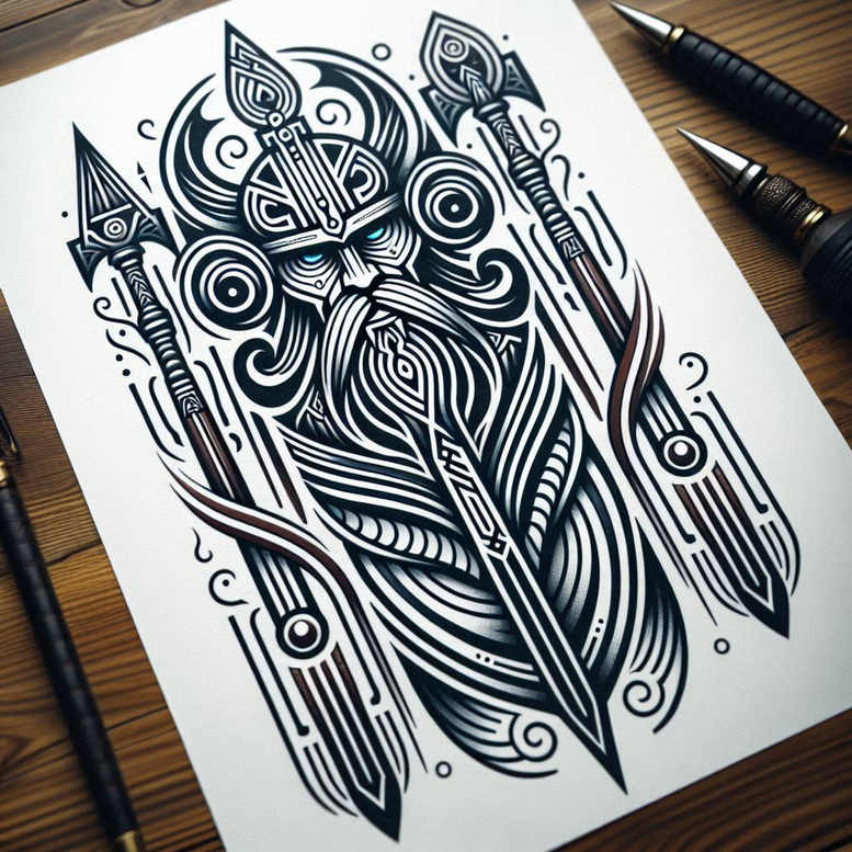 Black and grey linework illustration of a helmeted Viking warrior with axes and spears on white paper; tattoo design idea, not specifically for cover-up.