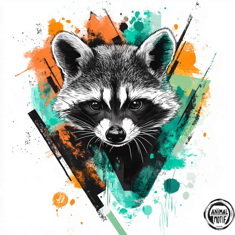 Raccoon head in black and grey with teal and orange splashes and geometric shapes; AI-generated tattoo project; not specifically a cover-up.