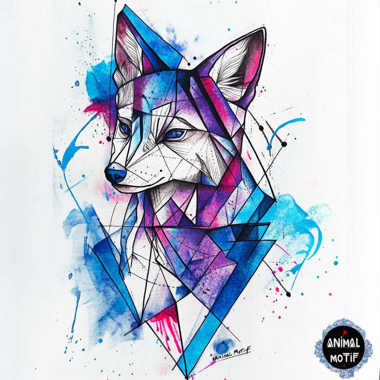 Wolf head built from geometric triangles with blue and purple watercolor splashes and bold black linework; tattoo project design; full color; not intended for cover-up; pattern.
