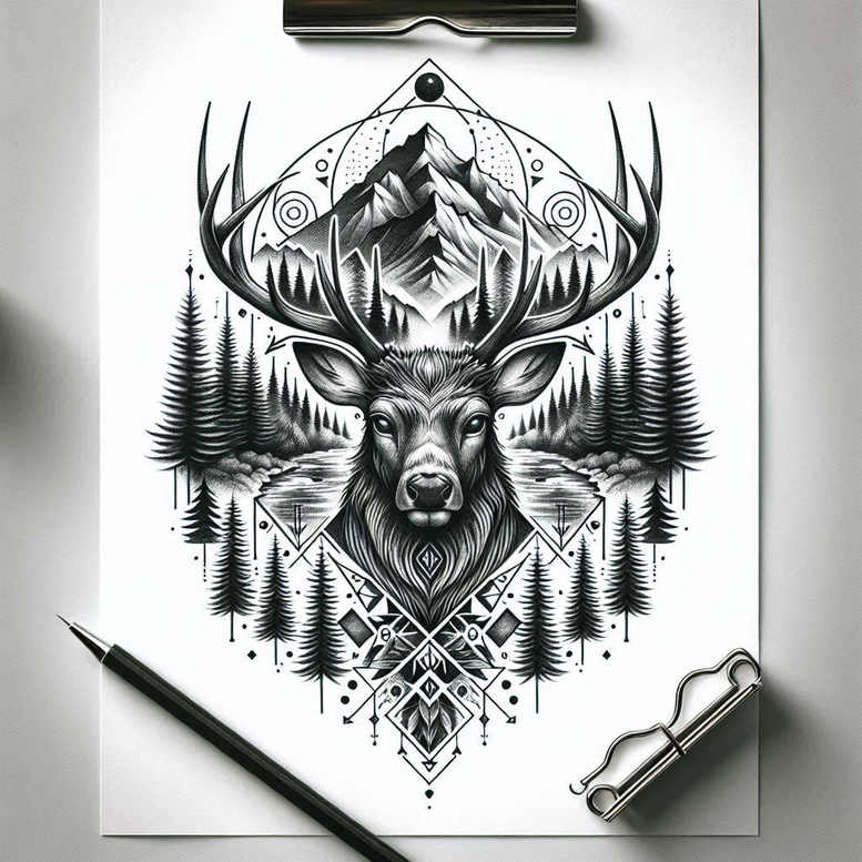 Deer head with large antlers, mountains behind, pine trees on sides, a lake, and geometric diamond motifs in black and grey; AI-generated tattoo project; potentially suitable for cover-up.
