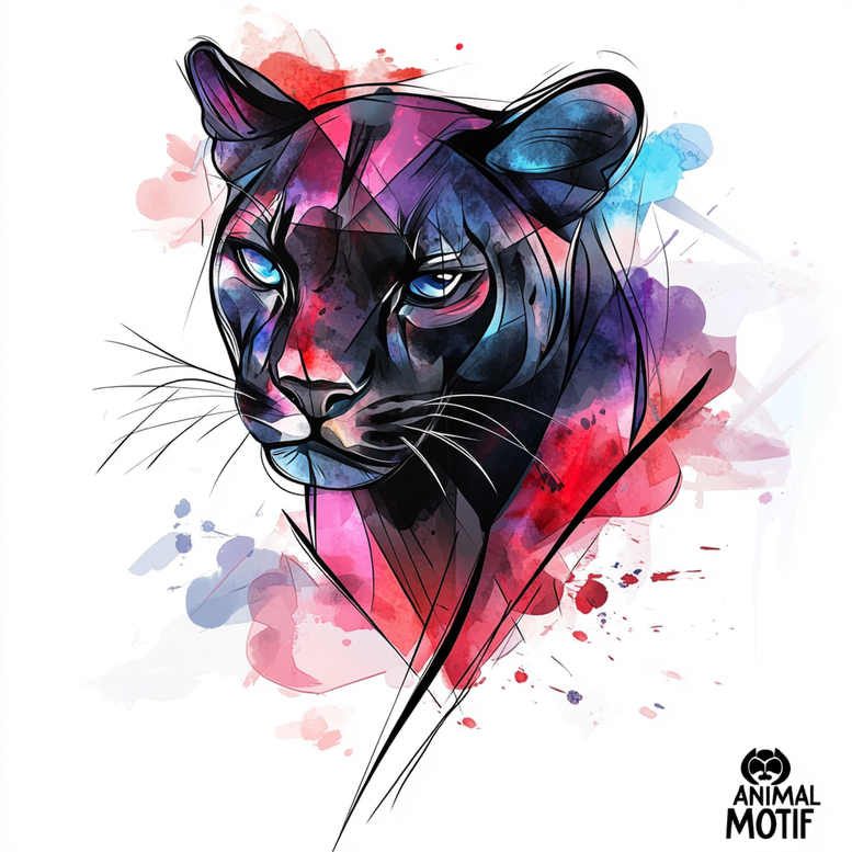 Colorful panther head with blue eyes, black linework, and watercolor splashes in pink, purple, and blue; color tattoo design; project; not ideal for cover-up.