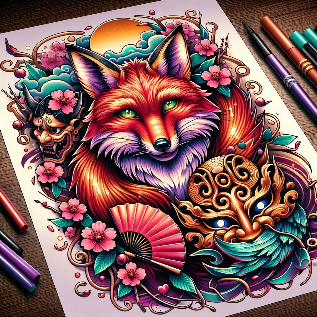 asian-symbols – tattoo design ideas free ai generated – neotraditional-artful-color – for-outer-arm – Gallery: other-asia-inkby-ai