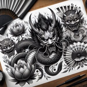 ornamental-asian-tattoos – tattoo design ideas free ai generated – realism-skin-texture – for-hip – Gallery: other-asia-inkby-ai