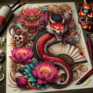 ornamental-asian-tattoos – tattoo design ideas free ai generated – surrealism-phantasmagoria – for-scapula – Gallery: other-asia-inkby-ai