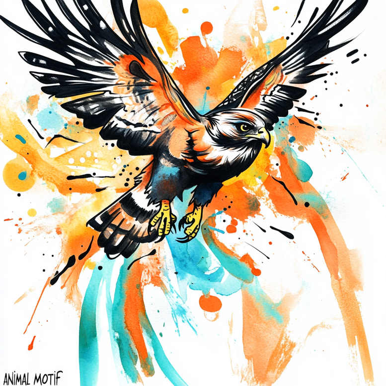 Bird hawk in flight with black ink lines; orange, teal, and blue watercolor splashes; color tattoo design concept; not ideal for cover-up.
