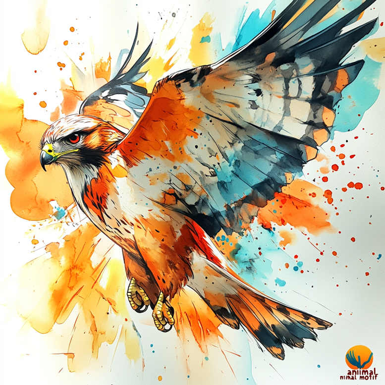 Eagle with spread orange and blue wings, sharp beak, talons visible; watercolor splashes in orange, teal, and black on white; AI-generated tattoo project; not specifically a cover-up.