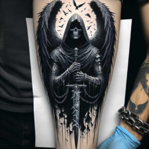 dark-figure-tattoo – tattoo design ideas free ai generated – neotraditional-vintage-influence – for-back-shoulder – Gallery: other-dark-inkby-ai