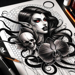 dark-shadow-tattoo – tattoo design ideas free ai generated – neotraditional-detailed-linework – for-neck – Gallery: other-dark-inkby-ai