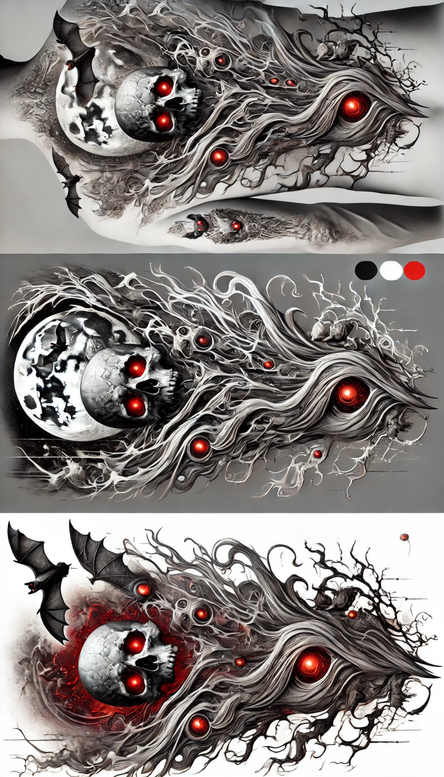 Skull with red eyes, flowing tendrils, tree-like hair, orbs, and a bat silhouette in black and grey; AI-generated tattoo project; suitable for cover-up.