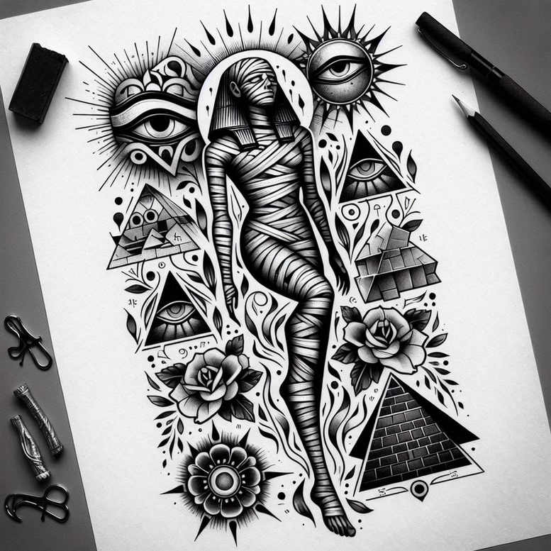 other-egypt tattoo design ideas Surrealism psychological depth layered for scapula