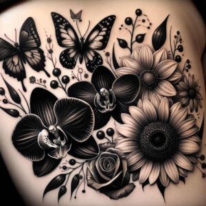 flowers-and-energy – tattoo design ideas free ai generated – neotraditional-artistic-contrast – for-knee – Gallery: other-flowers-inkby-ai