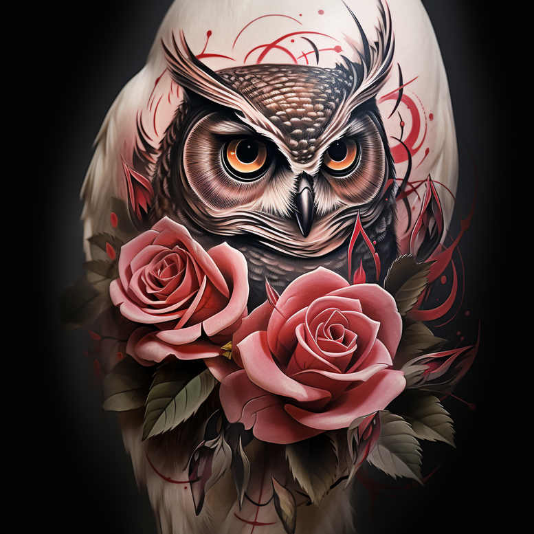Owl and pink roses with green leaves on a black background; color tattoo design; AI-generated tattoo project; cover-up suitable.