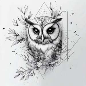 Owl, branch, flower, leaf, triangle, line in black and grey; tattoo project idea, suitable for a cover-up.