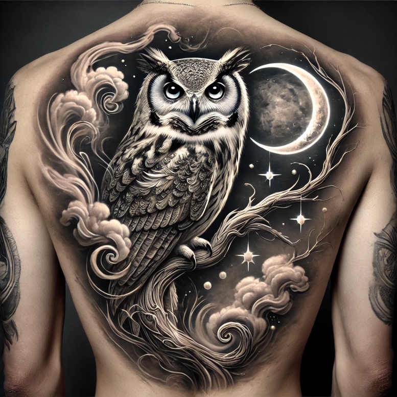 Back tattoo: owl, crescent moon, clouds, stars, branch in black and grey; tattoo project; suitable for a cover-up.