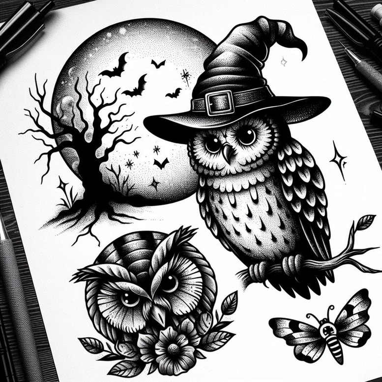 Owl wearing a hat perched on a tree branch beneath a full moon, with a flower and a butterfly; black and grey minimalist linework; project idea; cover-up suitable.