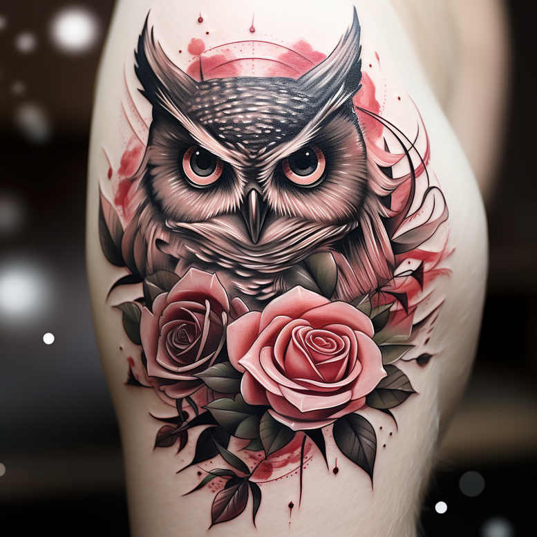 Owl in black and grey shading with pink roses and green leaves on the forearm; a tattoo project, ideal cover-up.