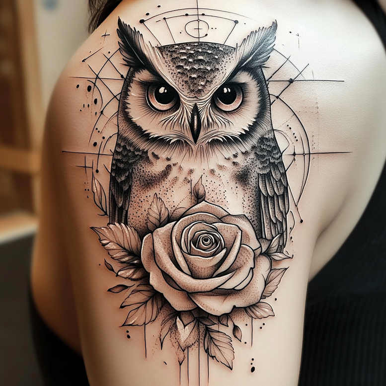 Owl, rose, and leaves in black and grey with geometric circle lines and fine shading; a cover-up-ready tattoo project.