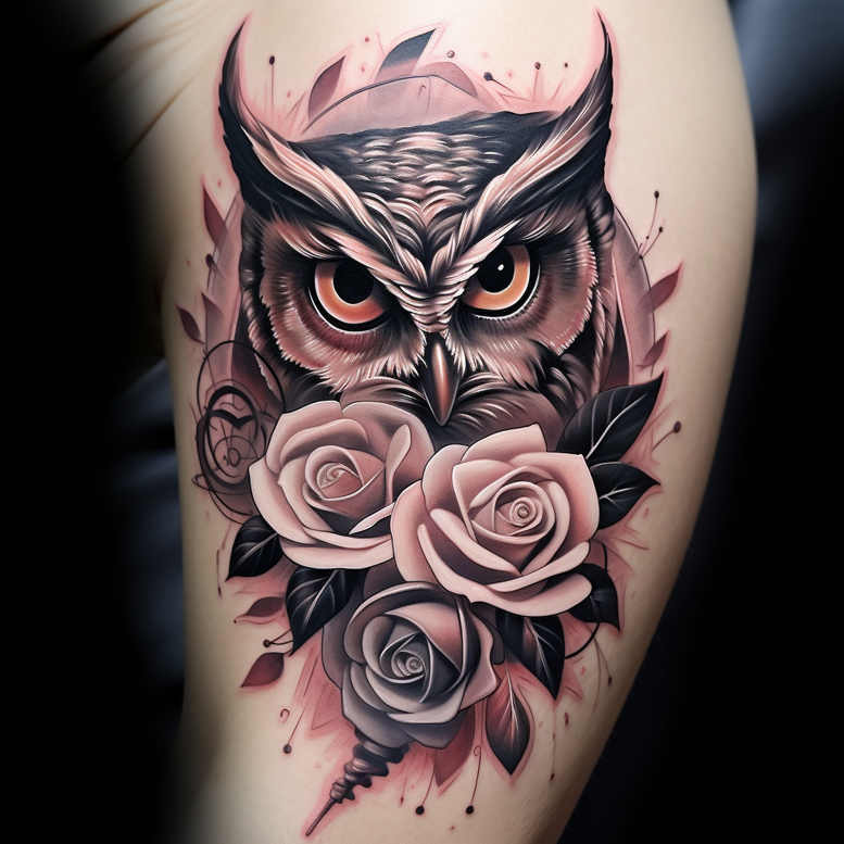 Owl and roses in black-and-grey realism with pink highlights on the arm; visible owl head and three roses; project idea, cover-up ready.