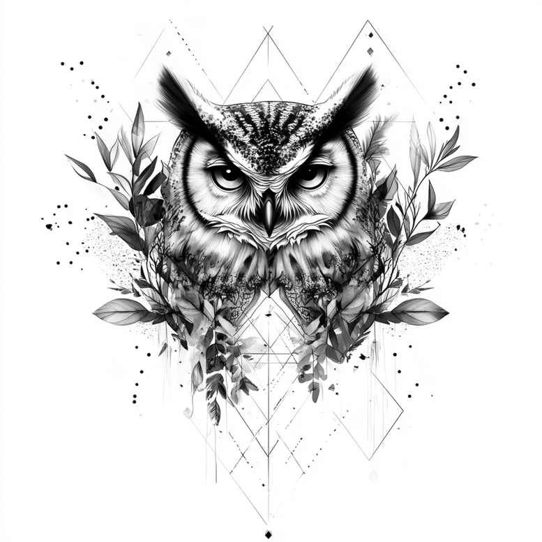 Owl, leaf, branch, and geometric shape in black and grey; tattoo design project, not suitable for cover-up.