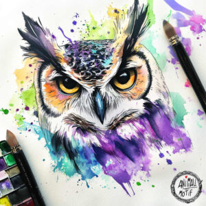 Owl head illustration in color with yellow eyes and orange facial markings; purple, green, and yellow watercolor splashes; brush and palette visible; color tattoo design concept; project; cover-up: no.