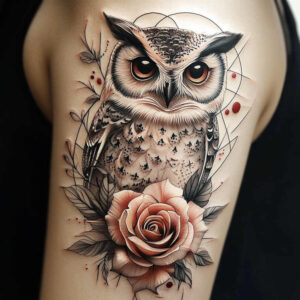 fine-line-owl-tattoo – tattoo design ideas free ai generated – realism-real-shadows – for-arm – Gallery: owls-inkby-ai