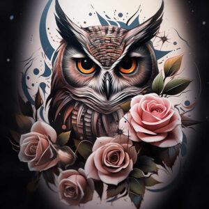 mysterious-owl-tattoo – tattoo design ideas free ai generated – neotraditional-dynamic-color – for-elbow – Gallery: owls-inkby-ai