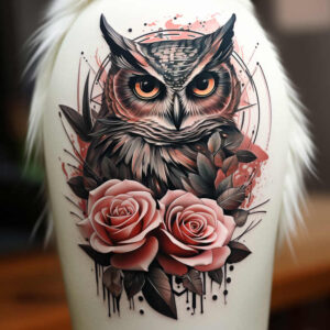 mystical-symbol-owl-tattoo – tattoo design ideas free ai generated – neotraditional-vibrant-palette – for-upper-shoulder – Gallery: owls-inkby-ai