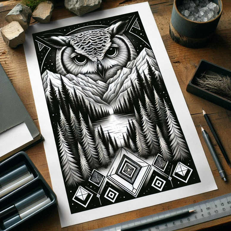 ornamental-owl-tattoo – tattoo design ideas free ai generated – neotraditional-clean-contrast – for-upper-back – Gallery: owls-inkby-ai