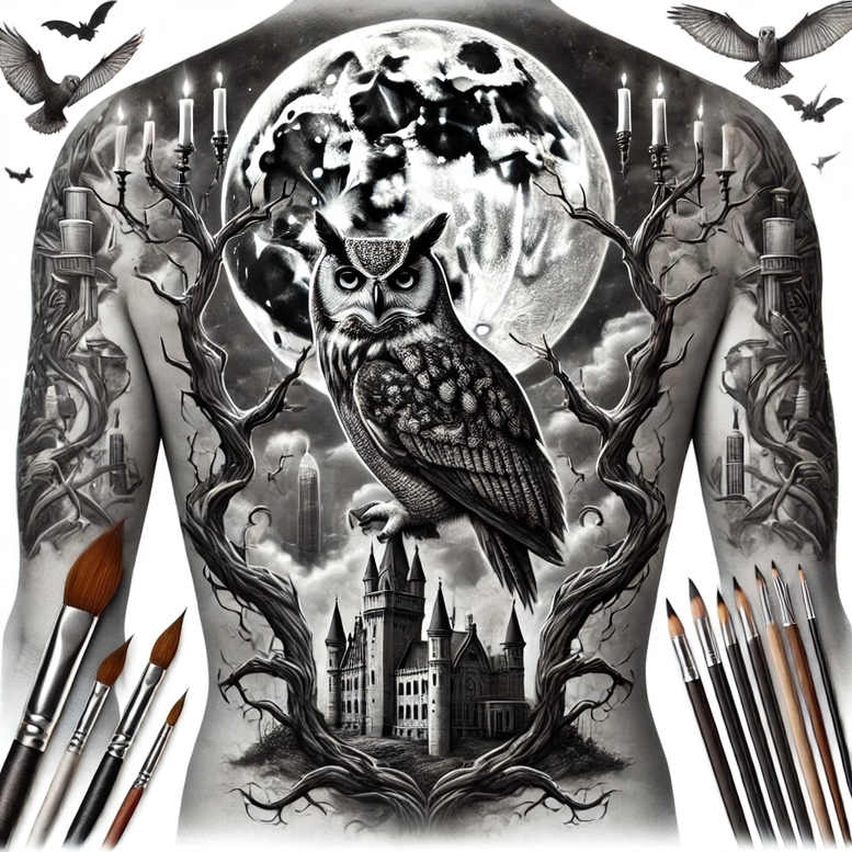owl-ancient-tattoo – tattoo design ideas free ai generated – realism-textured-light – for-arm – Gallery: owls-inkby-ai